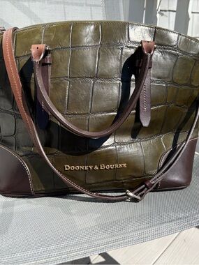 Dooney & Bourke Olive Croc-Embossed Tote with Dark Brown Trim